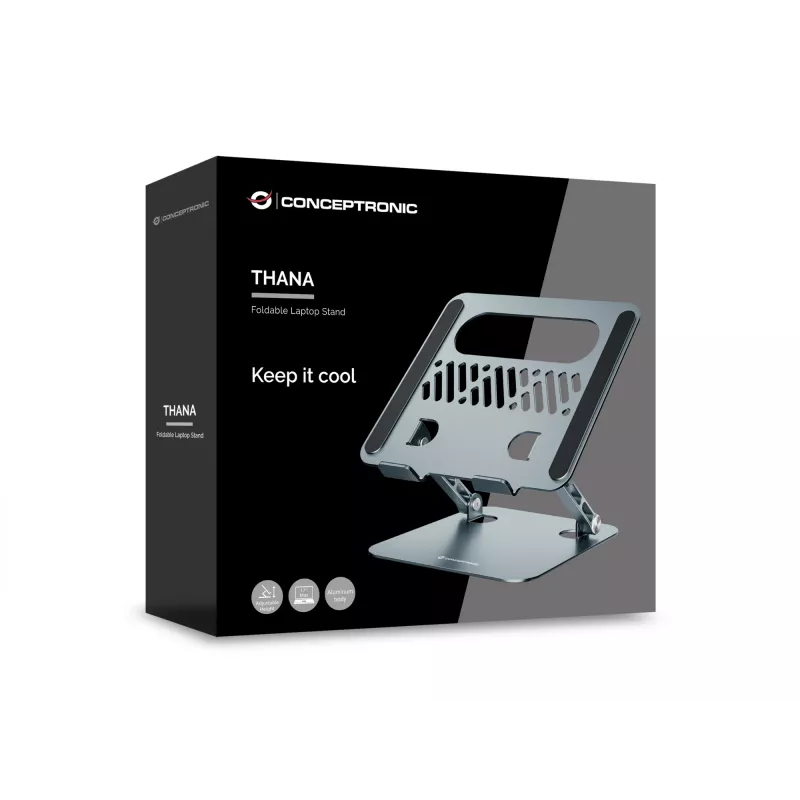Laptop stand CONCEPTRONIC THANA10G — foldable aluminium, adjustable height, grey, 240×220×50 mm