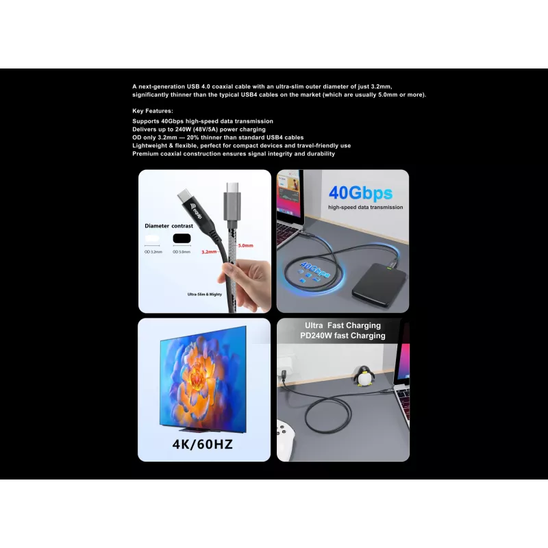 Equip USB 4 Ultra Slim C to C Cable, 1.2m, PD240W, 4K/60Hz, 40Gbps, Black