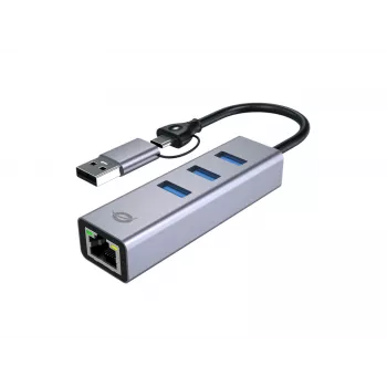 USB-C to Gigabit Network Adapter with 3-Port USB Hub CONCEPTRONIC ABBY25G — USB 3.2 Gen 1, 1 Gbps Ethernet, 3x USB-A, aluminium, grey