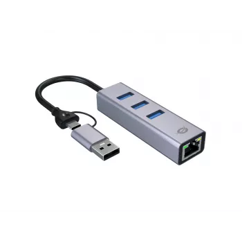 USB-C to Gigabit Network Adapter with 3-Port USB Hub CONCEPTRONIC ABBY25G — USB 3.2 Gen 1, 1 Gbps Ethernet, 3x USB-A, aluminium, grey