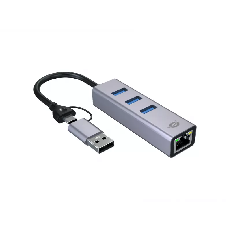 USB-C to Gigabit Network Adapter with 3-Port USB Hub CONCEPTRONIC ABBY25G — USB 3.2 Gen 1, 1 Gbps Ethernet, 3x USB-A, aluminium, grey