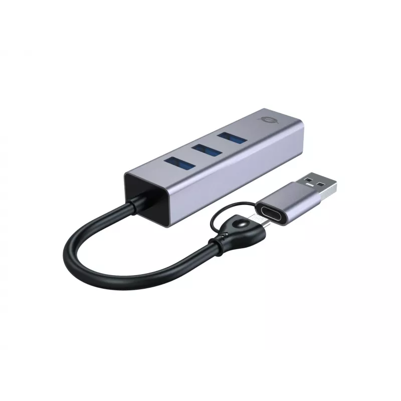USB-C to Gigabit Network Adapter with 3-Port USB Hub CONCEPTRONIC ABBY25G — USB 3.2 Gen 1, 1 Gbps Ethernet, 3x USB-A, aluminium, grey
