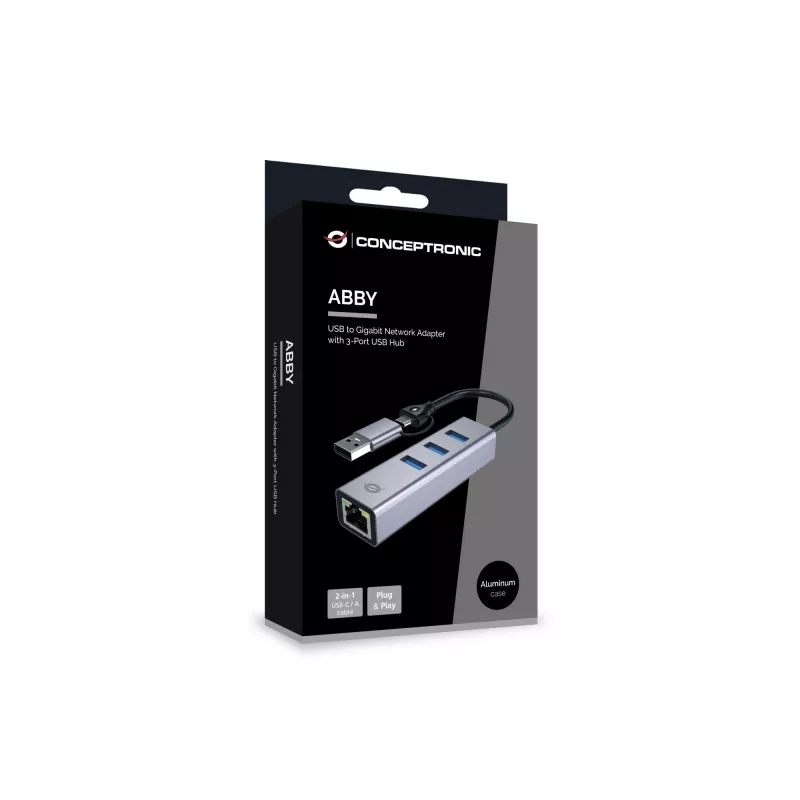 USB-C to Gigabit Network Adapter with 3-Port USB Hub CONCEPTRONIC ABBY25G — USB 3.2 Gen 1, 1 Gbps Ethernet, 3x USB-A, aluminium, grey