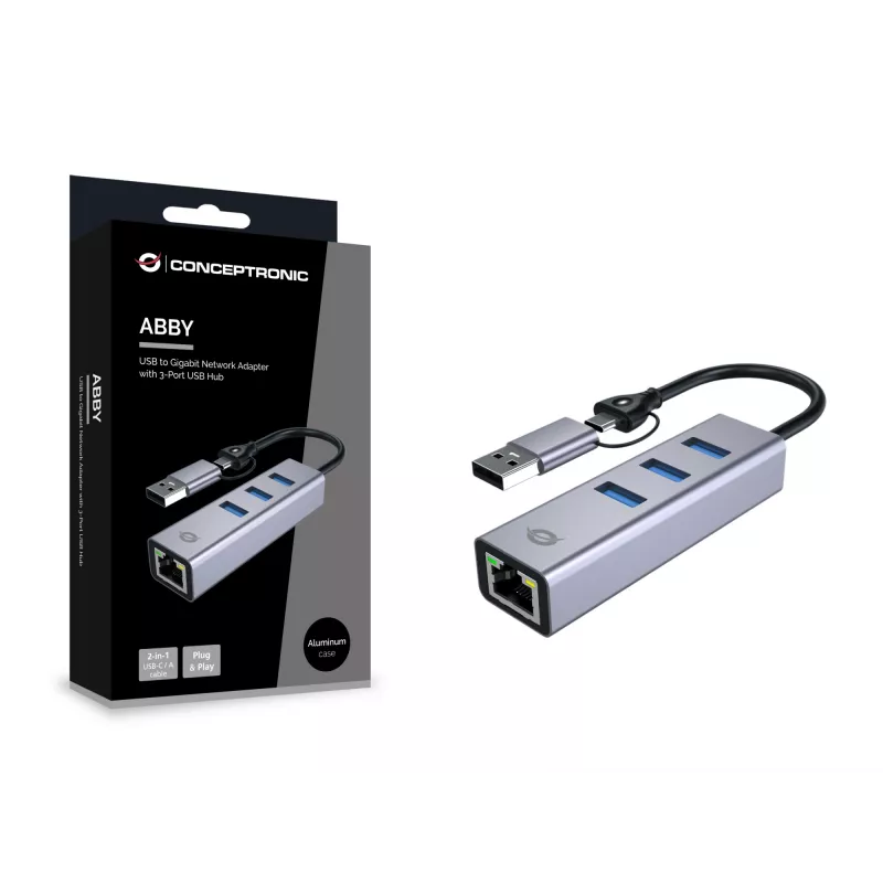 USB-C to Gigabit Network Adapter with 3-Port USB Hub CONCEPTRONIC ABBY25G — USB 3.2 Gen 1, 1 Gbps Ethernet, 3x USB-A, aluminium, grey