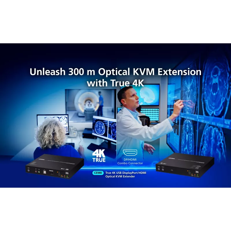 KVM Extender ATEN True 4K DP/HDMI Optical KVM 300m – Transmitter & Receiver, DisplayPort/HDMI, USB, 300 m