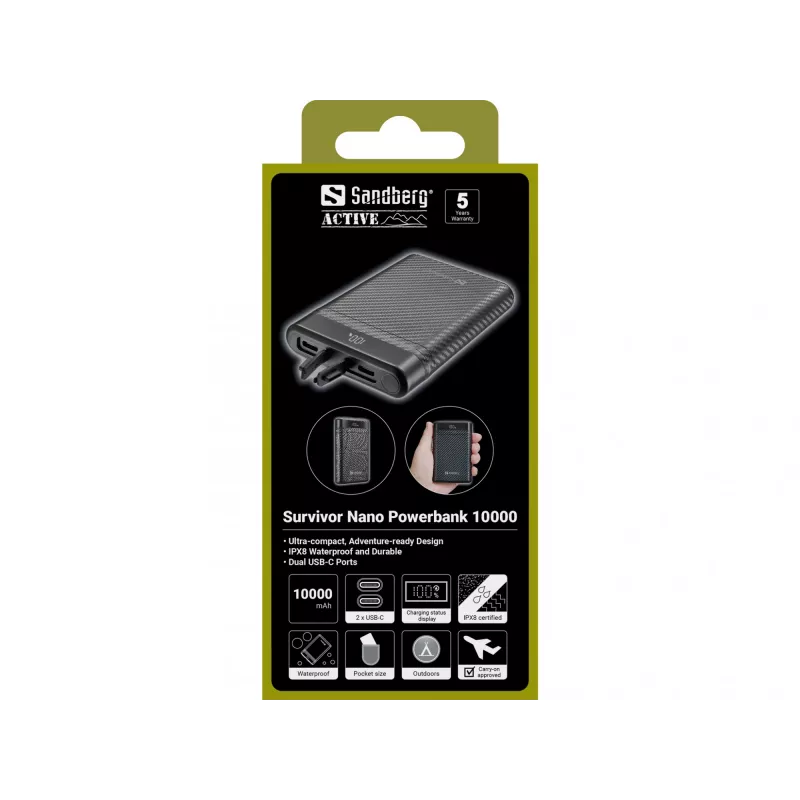 Sandberg Survivor Nano Powerbank 10000, 10000 mAh, Lithium-Ion (Li-Ion), 3.7 V, 20 W, Black