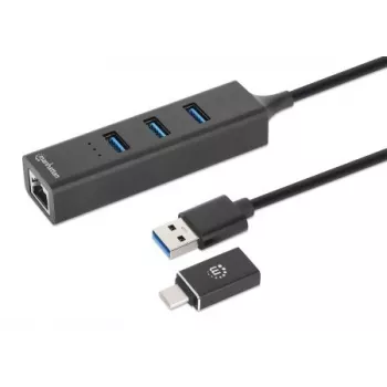 Manhattan USB-C & USB-A Combo Dock/Hub, Ports (4): Ethernet and USB-A (x3), 5 Gbps (USB 3.2 Gen1 aka USB 3.0), USB powered (no external power supply required)