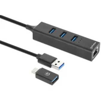 Manhattan USB-C & USB-A Combo Dock/Hub, Ports (4): Ethernet and USB-A (x3), 5 Gbps (USB 3.2 Gen1 aka USB 3.0), USB powered (no external power supply required)