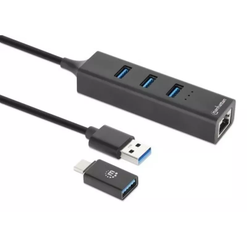 Manhattan USB-C & USB-A Combo Dock/Hub, Ports (4): Ethernet and USB-A (x3), 5 Gbps (USB 3.2 Gen1 aka USB 3.0), USB powered (no external power supply required)