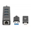 Manhattan USB-C & USB-A Combo Dock/Hub, Ports (4): Ethernet and USB-A (x3), 5 Gbps (USB 3.2 Gen1 aka USB 3.0), USB powered (no external power supply required)