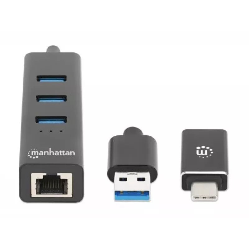 Manhattan USB-C & USB-A Combo Dock/Hub, Ports (4): Ethernet and USB-A (x3), 5 Gbps (USB 3.2 Gen1 aka USB 3.0), USB powered (no external power supply required)