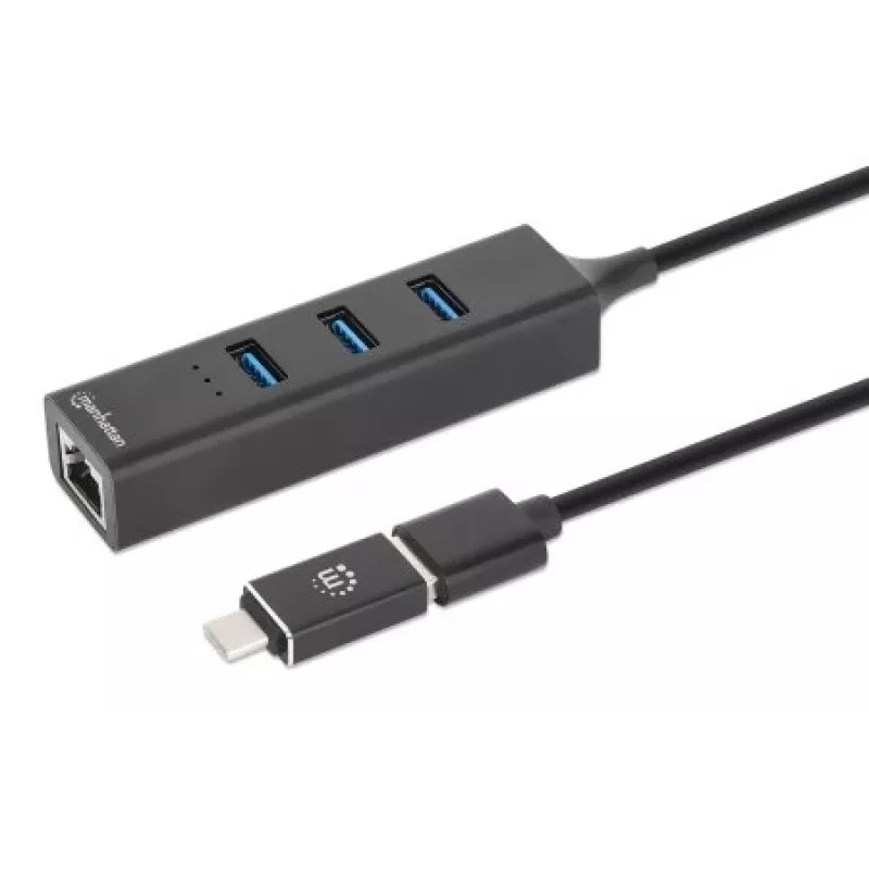 Manhattan USB-C & USB-A Combo Dock/Hub, Ports (4): Ethernet and USB-A (x3), 5 Gbps (USB 3.2 Gen1 aka USB 3.0), USB powered (no external power supply required)