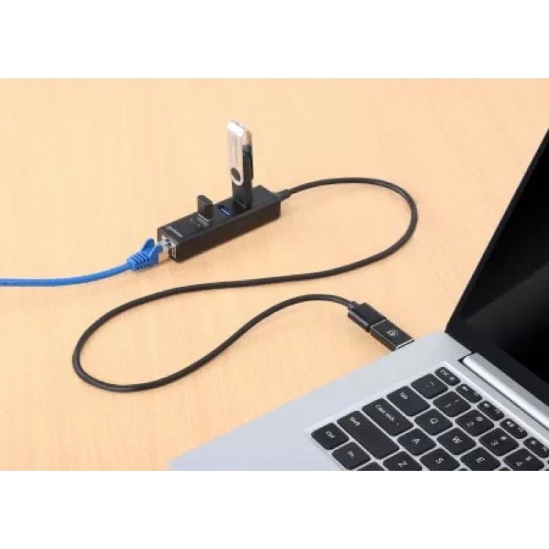 Manhattan USB-C & USB-A Combo Dock/Hub, Ports (4): Ethernet and USB-A (x3), 5 Gbps (USB 3.2 Gen1 aka USB 3.0), USB powered (no external power supply required)