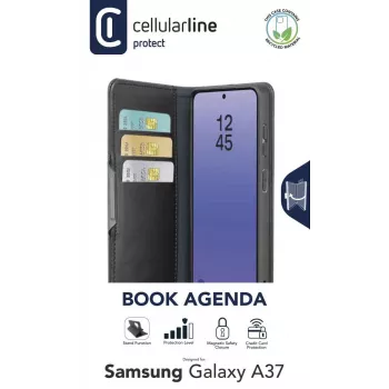 Cellularline Book Agenda 2 - Galaxy A37 Book-style faux leather case with magnetic closure, stand function, and RFID/NFC protection for contactless cards.