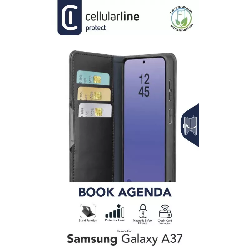 Cellularline Book Agenda 2 - Galaxy A37 Book-style faux leather case with magnetic closure, stand function, and RFID/NFC protection for contactless cards.