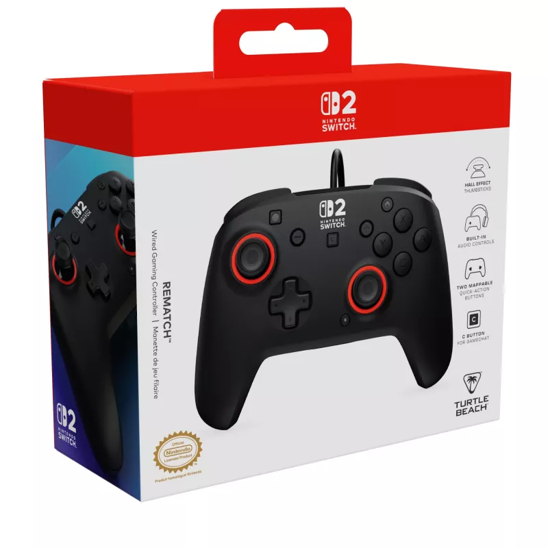 Wired Gaming Controller Turtle Beach Rematch for Nintendo Switch 2 — USB‑C, 3 m cable, Back button, D‑pad, Black