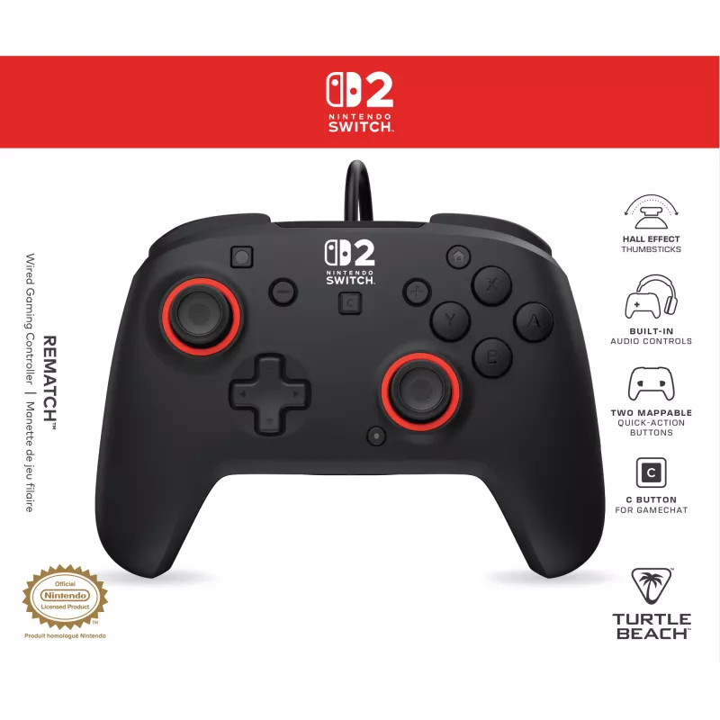 Wired Gaming Controller Turtle Beach Rematch for Nintendo Switch 2 — USB‑C, 3 m cable, Back button, D‑pad, Black
