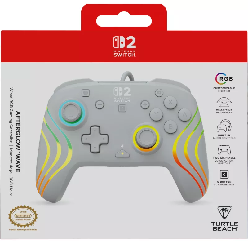 Wired RGB Gaming Controller Turtle Beach Afterglow Wave Grey — USB‑C, 3 m cable, for Nintendo Switch / Switch 2 / Switch OLED