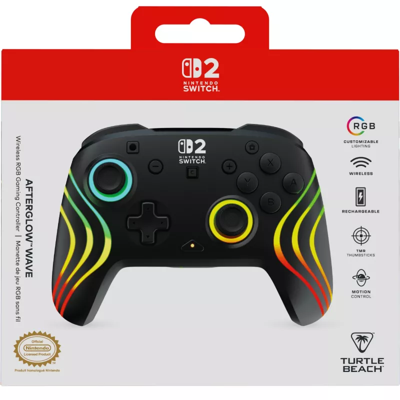 Wireless RGB Gaming Controller Turtle Beach Afterglow Wave Black for Nintendo Switch 2 — Bluetooth/USB-C, Built-in Battery 20h, 3 m Cable