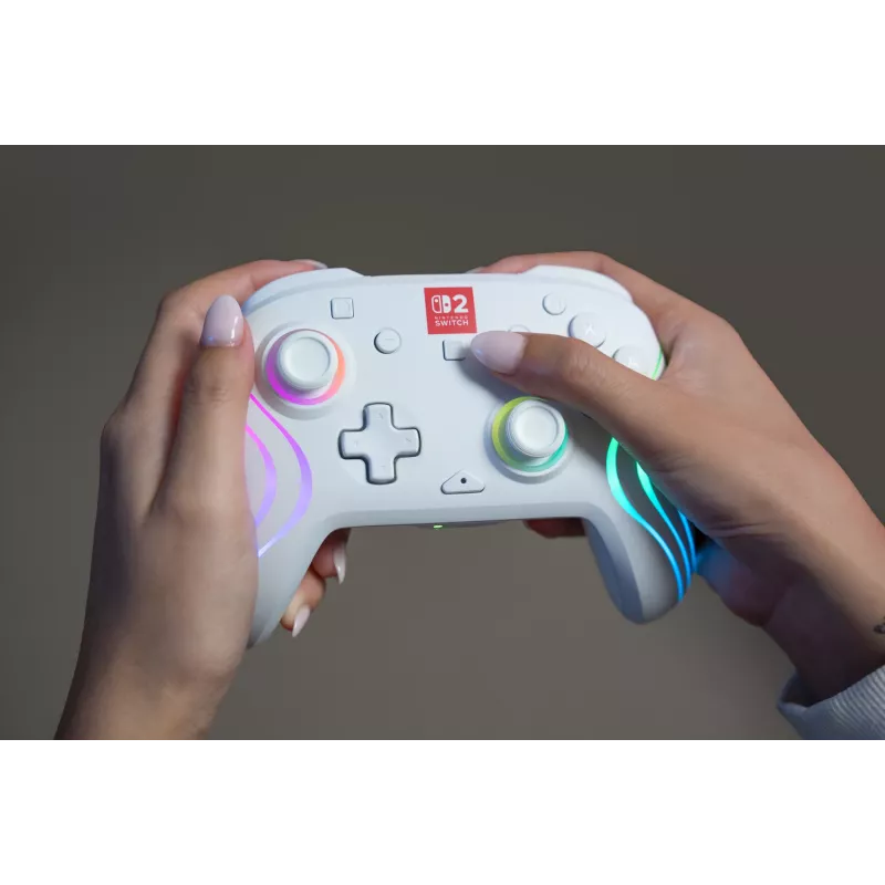 Wireless RGB Gaming Controller Turtle Beach Afterglow Wave White for Nintendo Switch 2, Bluetooth/USB-C, Built-in Battery 20h, 3m Cable