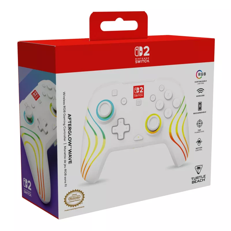 Wireless RGB Gaming Controller Turtle Beach Afterglow Wave White for Nintendo Switch 2, Bluetooth/USB-C, Built-in Battery 20h, 3m Cable