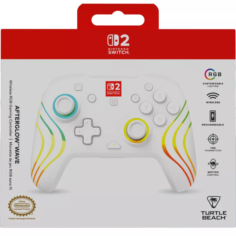 Wireless RGB Gaming Controller Turtle Beach Afterglow Wave White for Nintendo Switch 2, Bluetooth/USB-C, Built-in Battery 20h, 3m Cable