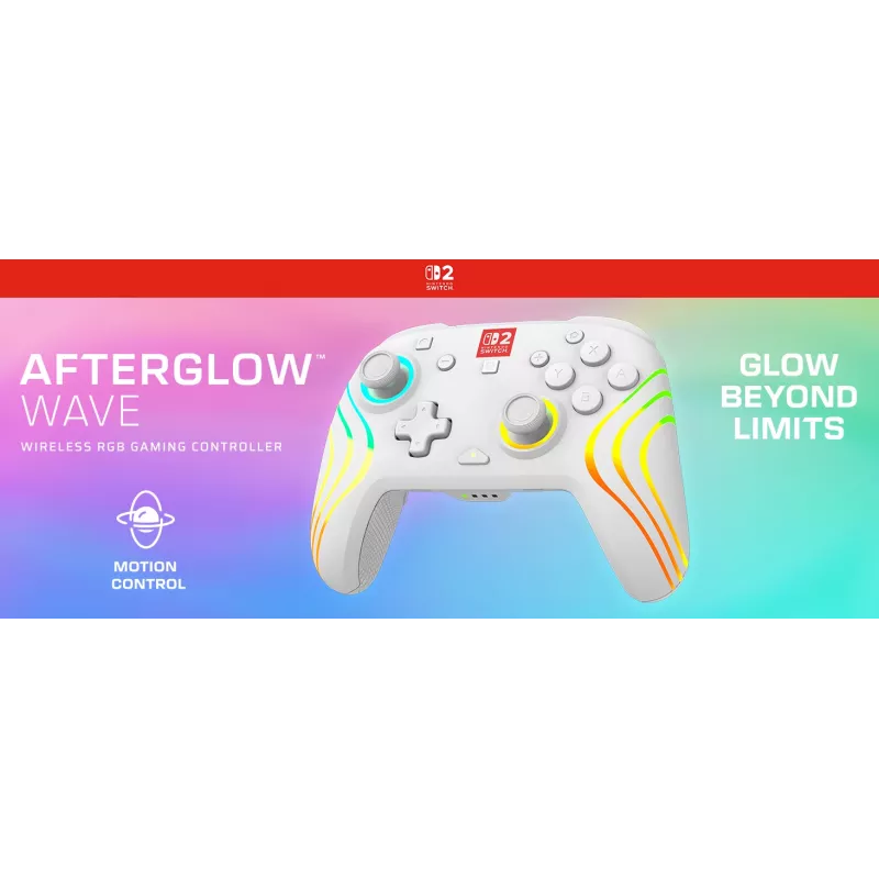 Wireless RGB Gaming Controller Turtle Beach Afterglow Wave White for Nintendo Switch 2, Bluetooth/USB-C, Built-in Battery 20h, 3m Cable