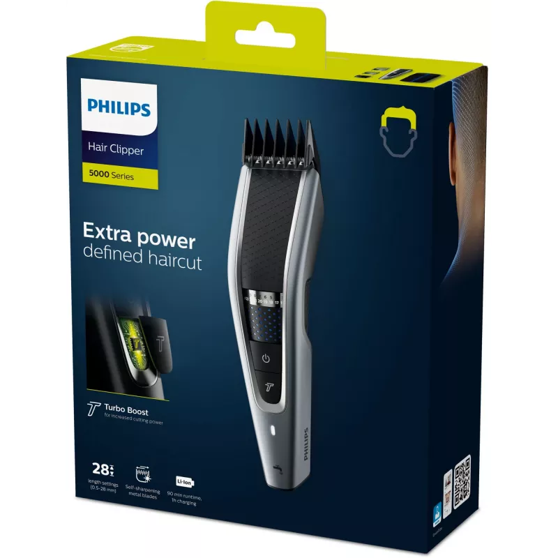 Hair trimmer Philips 5000 series HC5630/15 — cordless, 28 length steps (0.5 mm–28 mm), 90 min runtime, stainless steel blades