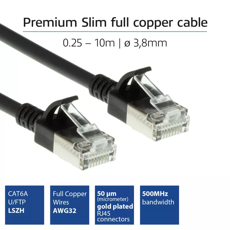 ACT Black 0.5 meter LSZH U/FTP CAT6A datacenter slimline patch cable snagless with RJ45 connectors