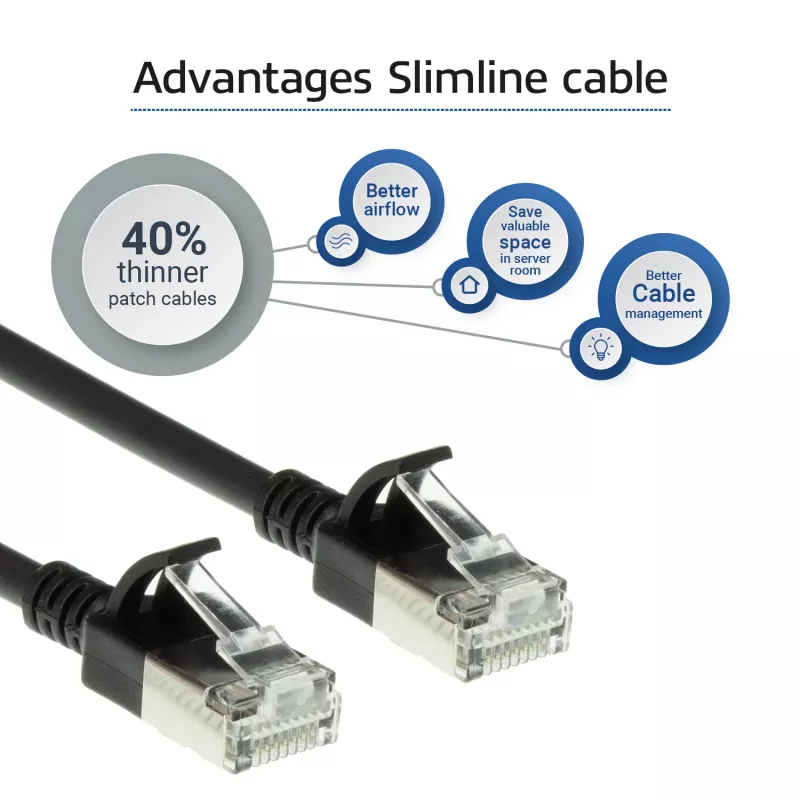 ACT Black 0.5 meter LSZH U/FTP CAT6A datacenter slimline patch cable snagless with RJ45 connectors
