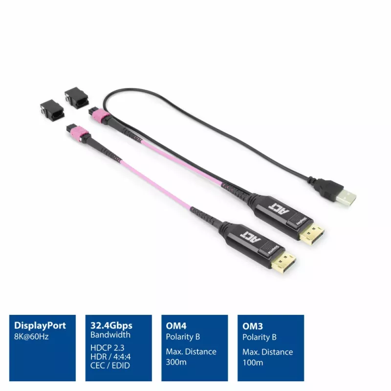 ACT DisplayPort to MTP/MPO adapter set to extend a DisplayPort connection up to 8K@60Hz
