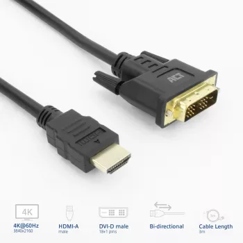 ACT AK3736 video cable adapter 3 m HDMI Type A (Standard) DVI-D Black