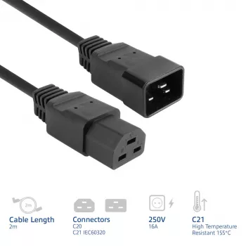 Power cord ACT C20–C21 IEC60320 black 2 m, 250 V 16 A