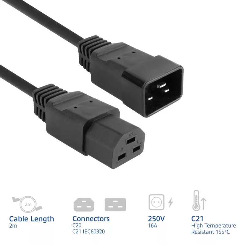 Power cord ACT C20–C21 IEC60320 black 2 m, 250 V 16 A