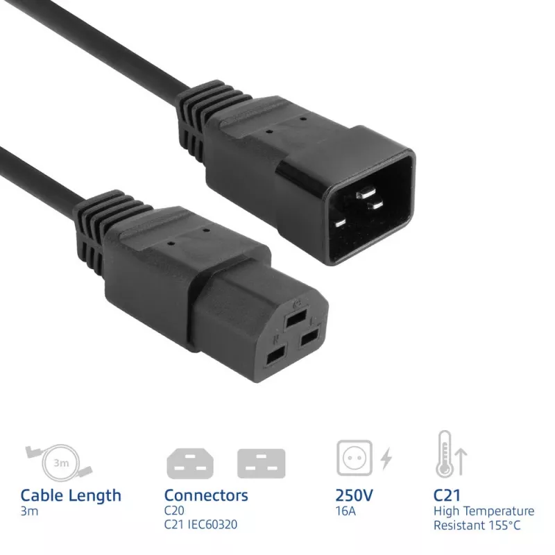 Powercord ACT C20–C21 IEC60320 black 3 m, 16 A, 250 V
