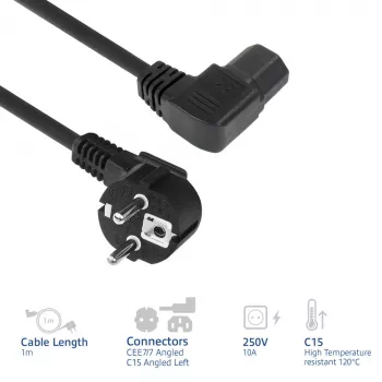 ACT Powercord mains connector CEE7/7 male (angled) - C15 (angled left) IEC60320 black 1 m