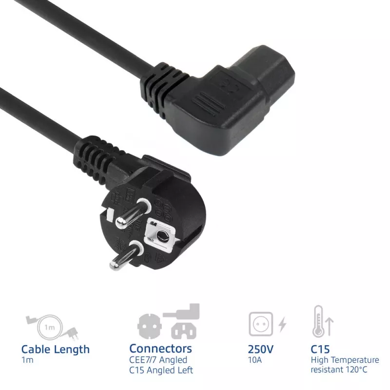 ACT Powercord mains connector CEE7/7 male (angled) - C15 (angled left) IEC60320 black 1 m