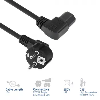 ACT Powercord mains connector CEE7/7 male (angled) - C15 (angled left) IEC60320 black 1.5 m