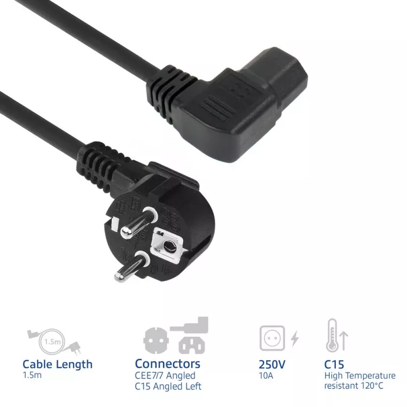 ACT Powercord mains connector CEE7/7 male (angled) - C15 (angled left) IEC60320 black 1.5 m