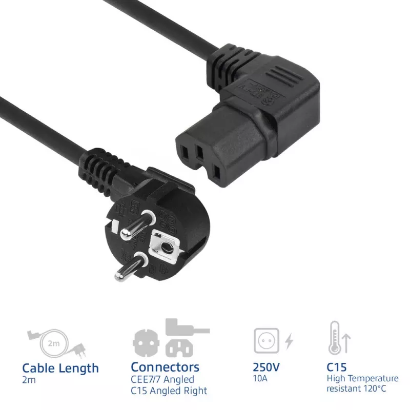 ACT Powercord mains connector CEE 7/7 male (angled) - C15 (angled right) IEC60320 black 2 m