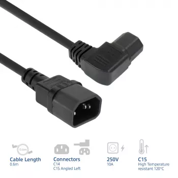 ACT Powercord C14 - C15 (angled left) IEC60320 black 0.6 m