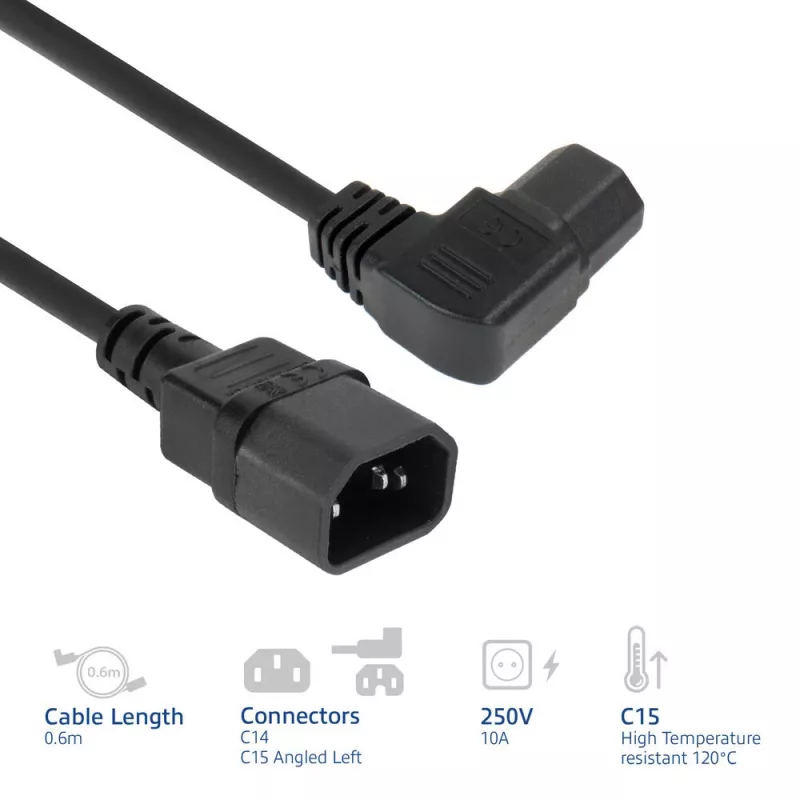 ACT Powercord C14 - C15 (angled left) IEC60320 black 0.6 m