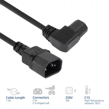ACT Powercord C14 - C15 (angled left) IEC60320 black 1.2 m