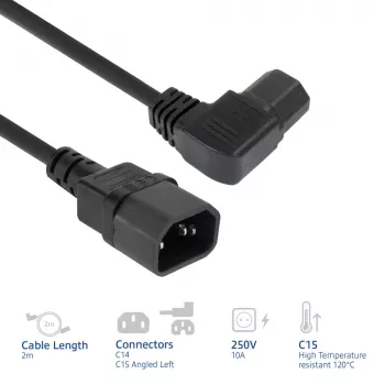 ACT Powercord C14 - C15 (angled left) IEC60320 black 2 m