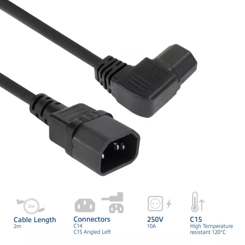 ACT Powercord C14 - C15 (angled left) IEC60320 black 2 m