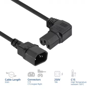 ACT Powercord C14 - C15 (angled right) IEC60320 black 0.6 m