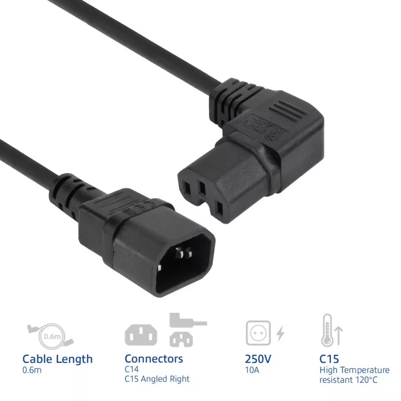 ACT Powercord C14 - C15 (angled right) IEC60320 black 0.6 m