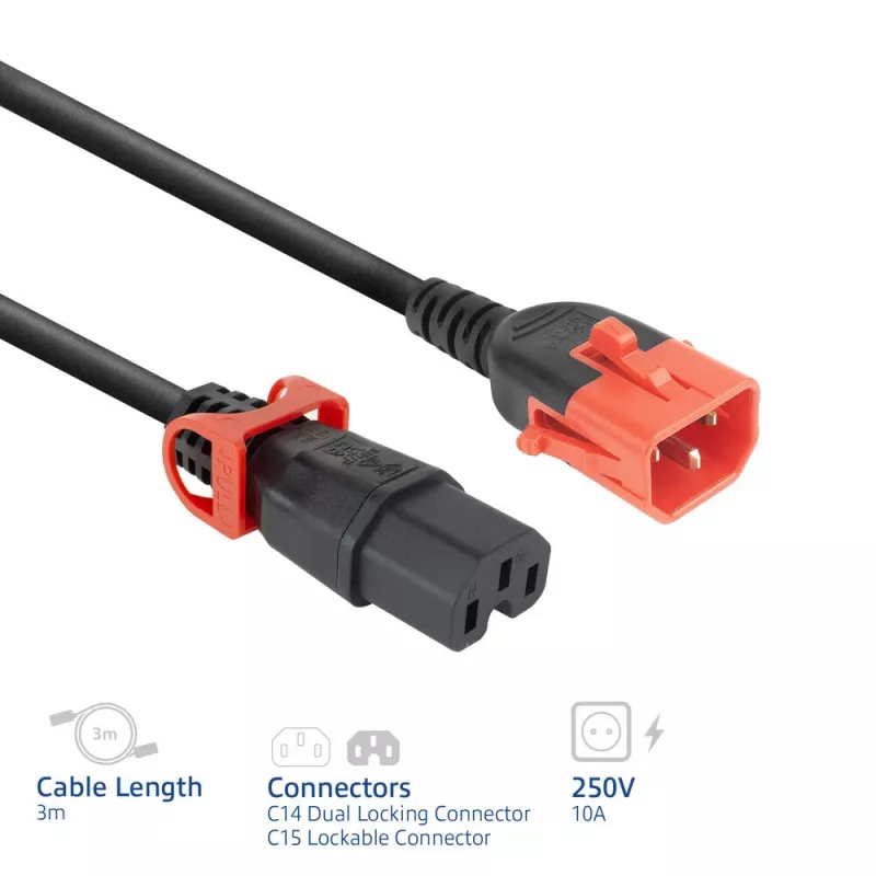 ACT Powercord C14 IEC Lock+ Dual Locking - C15 IEC Lock+ black 3 m, PC3876