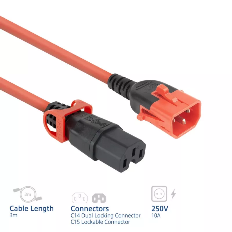 Powercord ACT C14 IEC Lock+ Dual Locking to C15 IEC Lock+ red, 3 m, 250V 10A