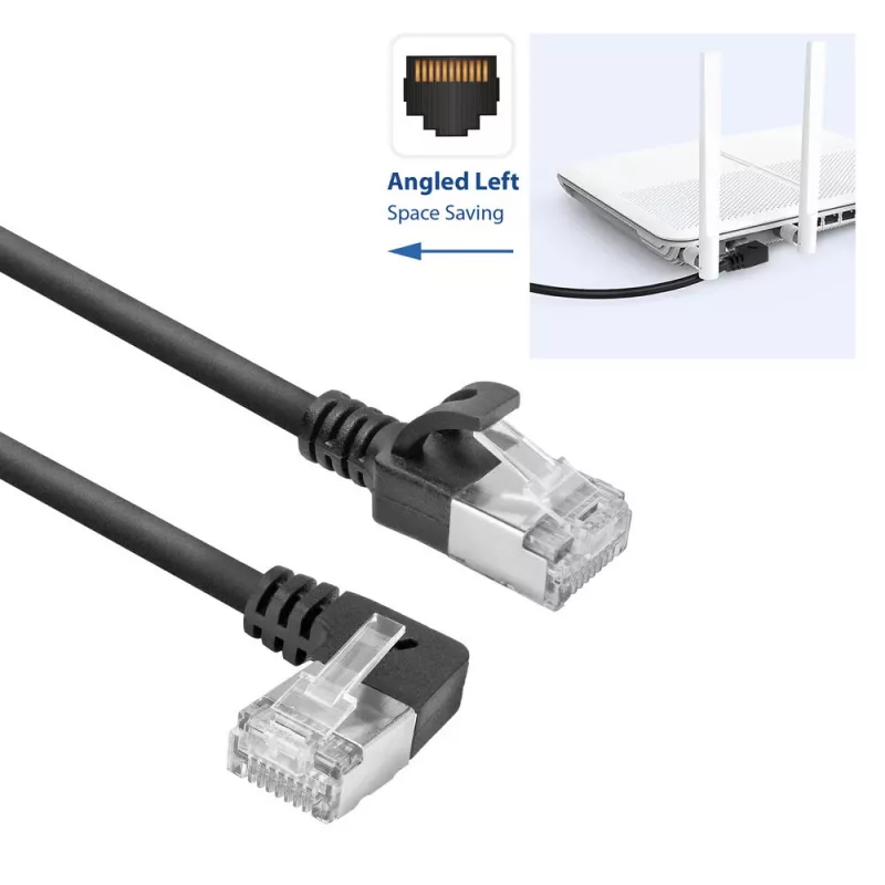 ACT Black 5 m U/FTP CAT6A LSZH Slimline patch cable with RJ45 connectors 90° angled left to straight